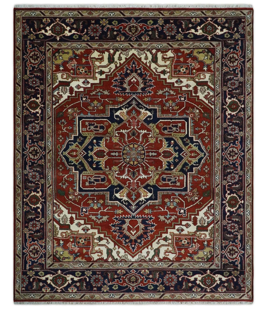 Custom Made Traditional Brown, Ivory and Blue Hand knotted Multi Size wool Area Rug