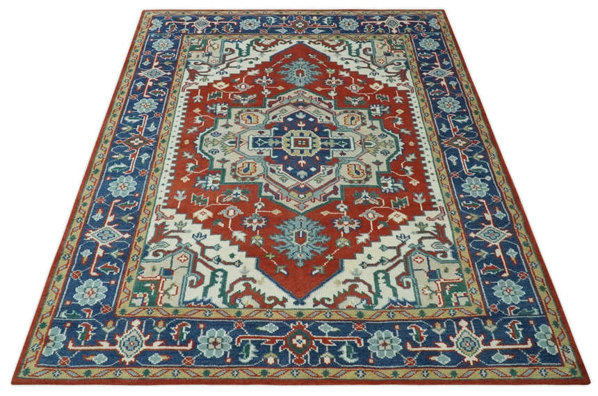 Custom Made Traditional Rust, Ivory and Blue Heriz Medallion Wool Area Rug