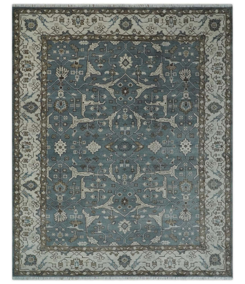 Custom Made Traditional Hand Knotted Blue, Ivory and Brown Oriental Oushak wool Area Rug