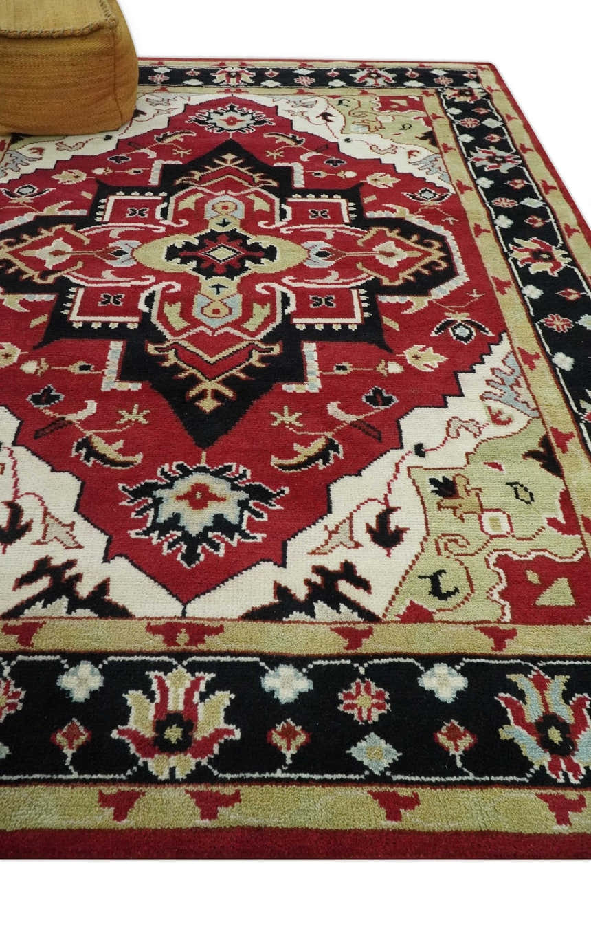 Custom Made Traditional Heriz Maroon, Olive and Black Floral Hand Knotted wool Rug