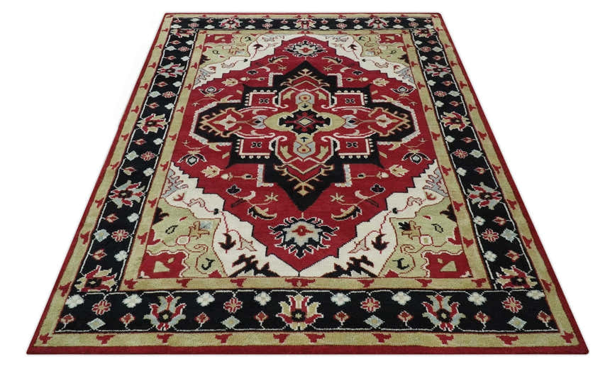 Custom Made Traditional Heriz Maroon, Olive and Black Floral Hand Knotted wool Rug