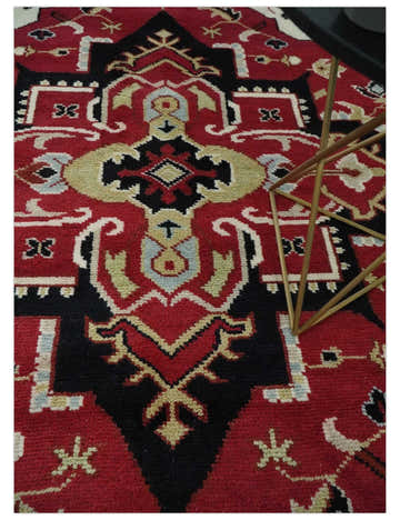 Custom Made Traditional Heriz Maroon, Olive and Black Floral Hand Knotted wool Rug