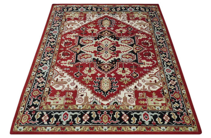 Custom Made Traditional Heriz Rust, Ivory, Black and Beige Hand knotted Medallion Wool Area Rug