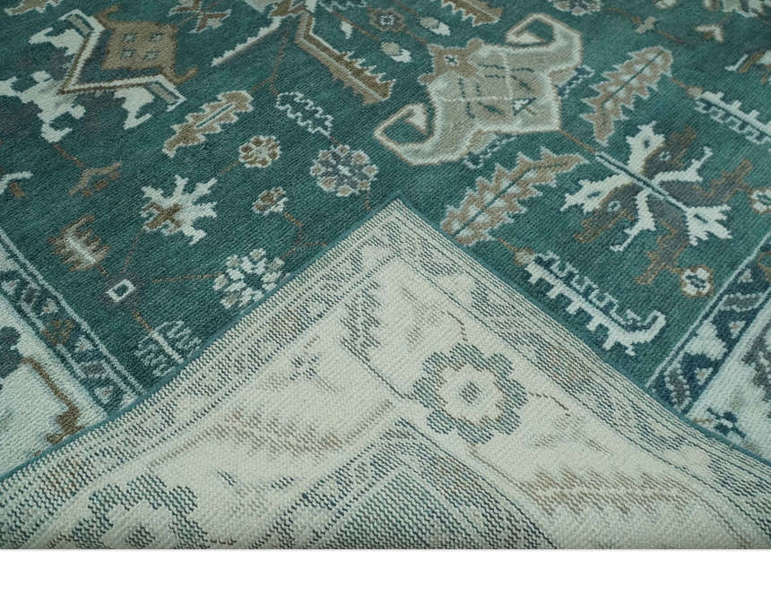 Custom Made Traditional Mamluk Design Teal, Ivory and Brown Hand Knotted wool Area Rug