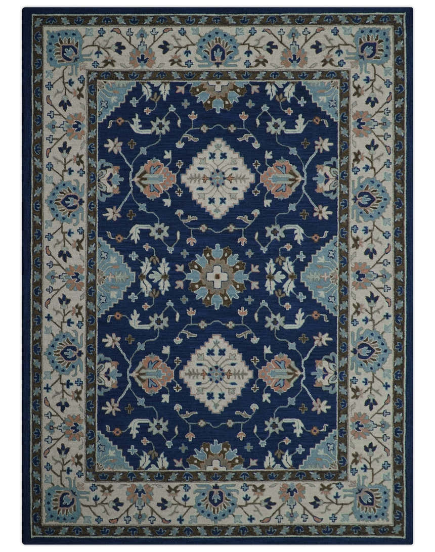 Custom Made Traditional Oriental Design Blue And Beige Hand-Tufted Wool Area Rug