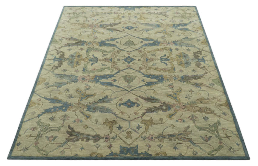 Custom Made Traditional Oushak Design Beige And Blue Hand Tufted Wool Area Rug