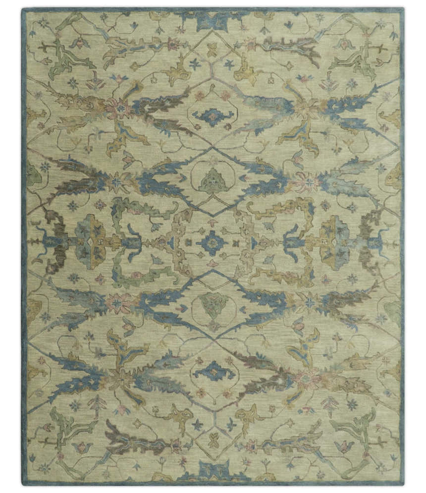 Custom Made Traditional Oushak Design Beige And Blue Hand Tufted Wool Area Rug