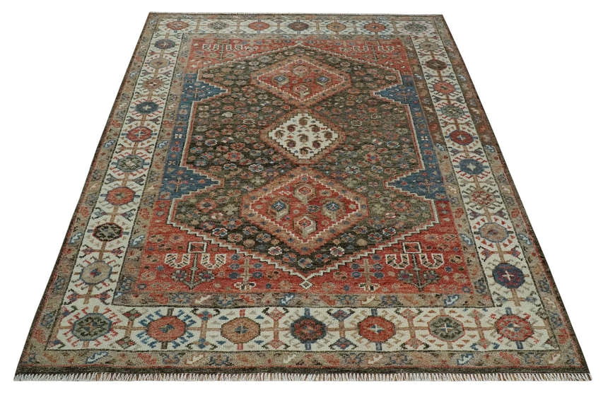 Custom made Traditional Vintage Style Green, Rust and Ivory Turkish design wool Area Rug