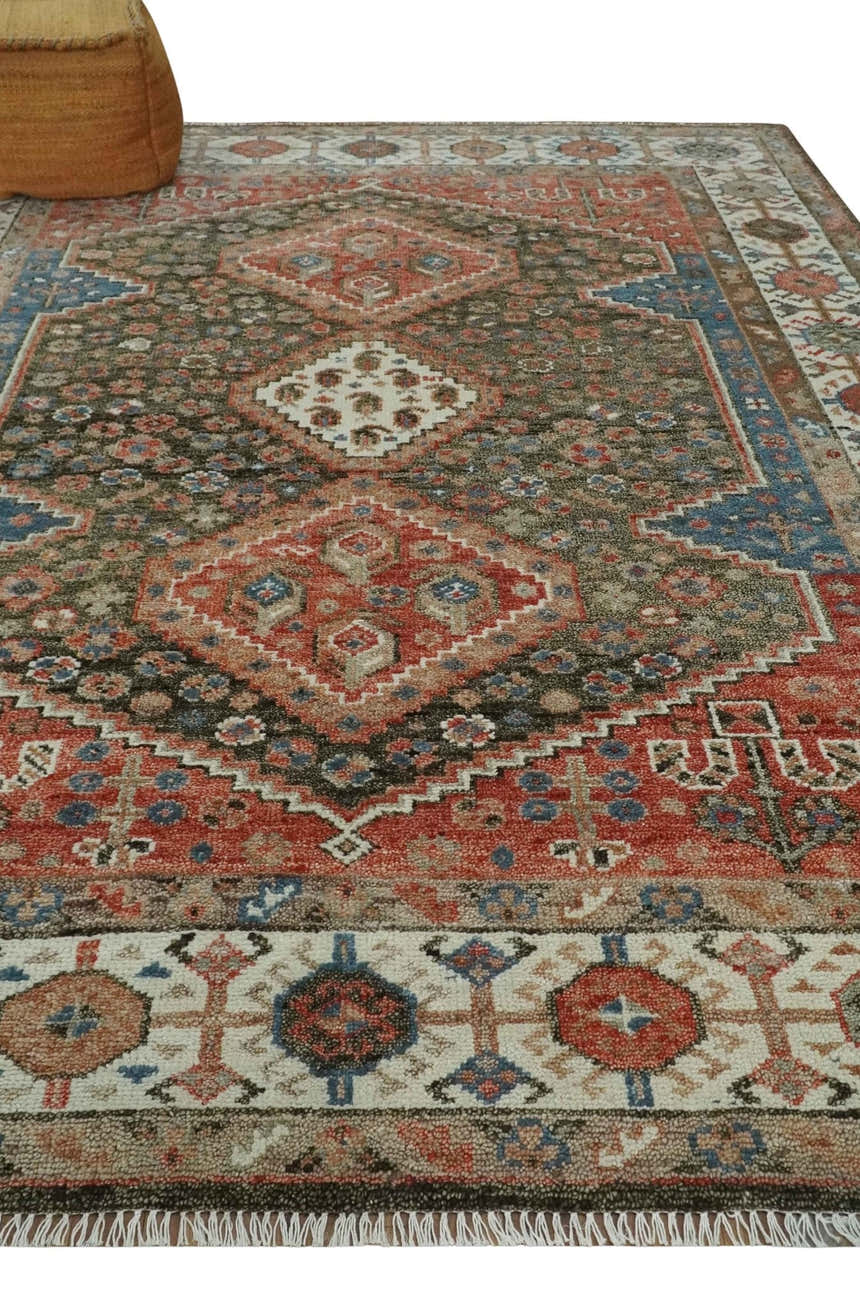 Custom made Traditional Vintage Style Green, Rust and Ivory Turkish design wool Area Rug