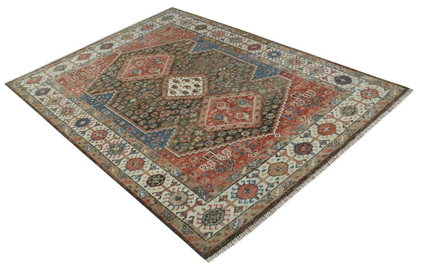 Custom made Traditional Vintage Style Green, Rust and Ivory Turkish design wool Area Rug
