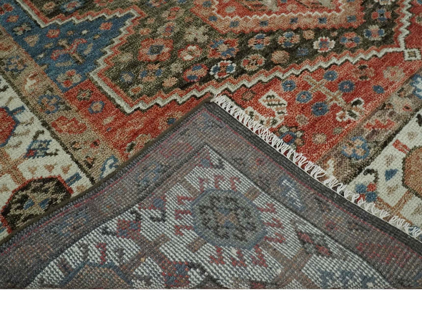 Custom made Traditional Vintage Style Green, Rust and Ivory Turkish design wool Area Rug