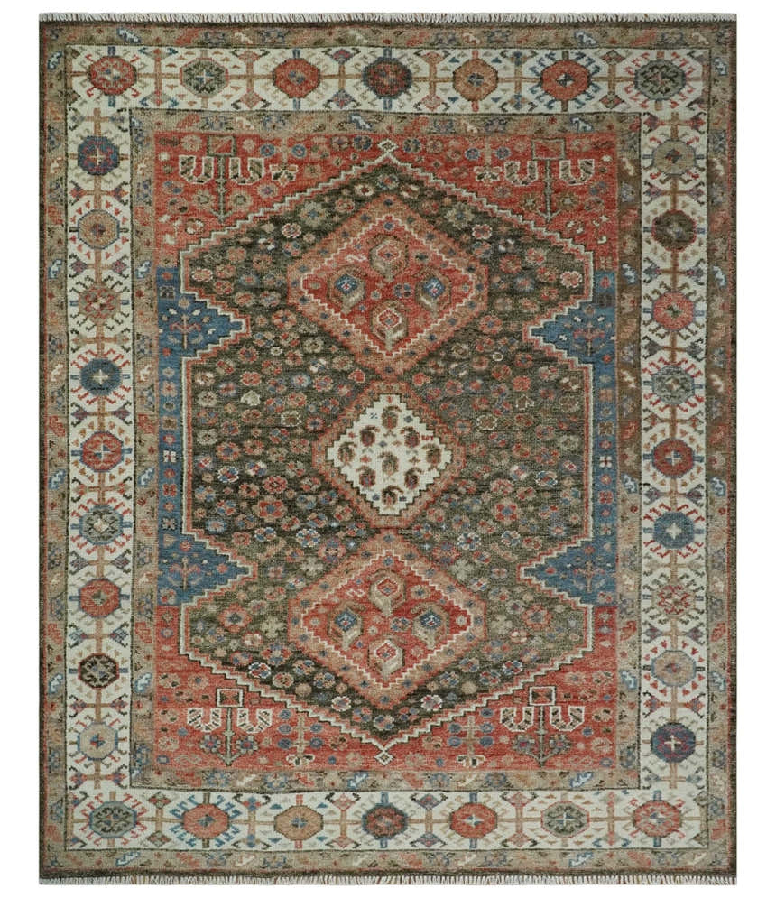 Custom made Traditional Vintage Style Green, Rust and Ivory Turkish design wool Area Rug