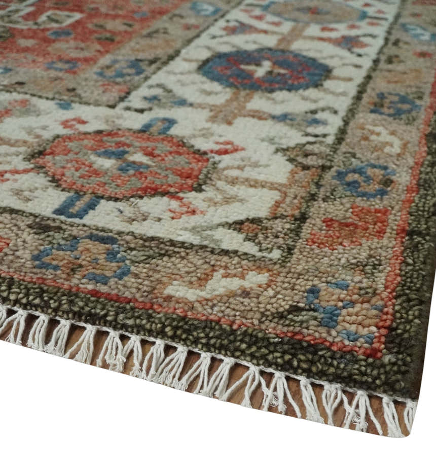 Custom made Traditional Vintage Style Green, Rust and Ivory Turkish design wool Area Rug