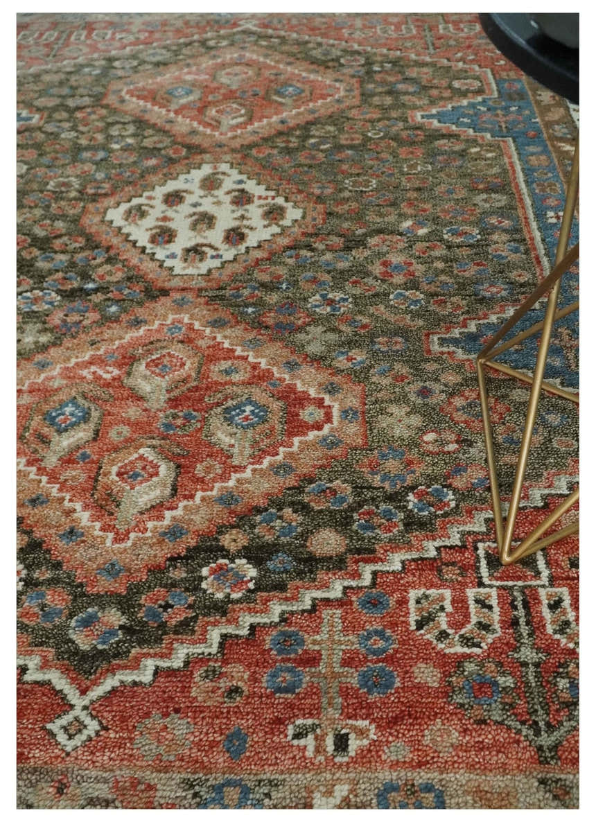 Custom made Traditional Vintage Style Green, Rust and Ivory Turkish design wool Area Rug