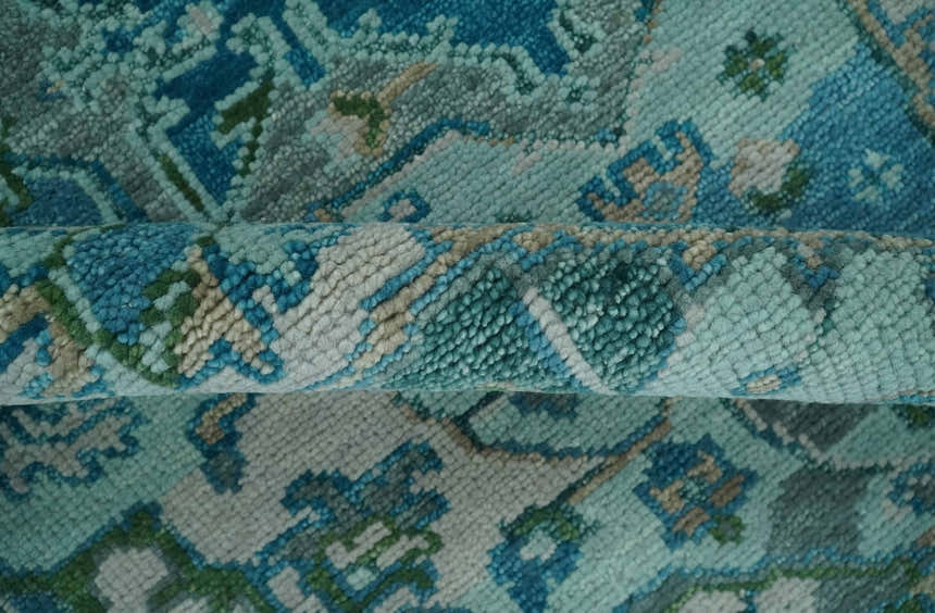 Custom Made Transitional Aqua and Ivory Hand Knotted Antique Style Traditional Wool Rug