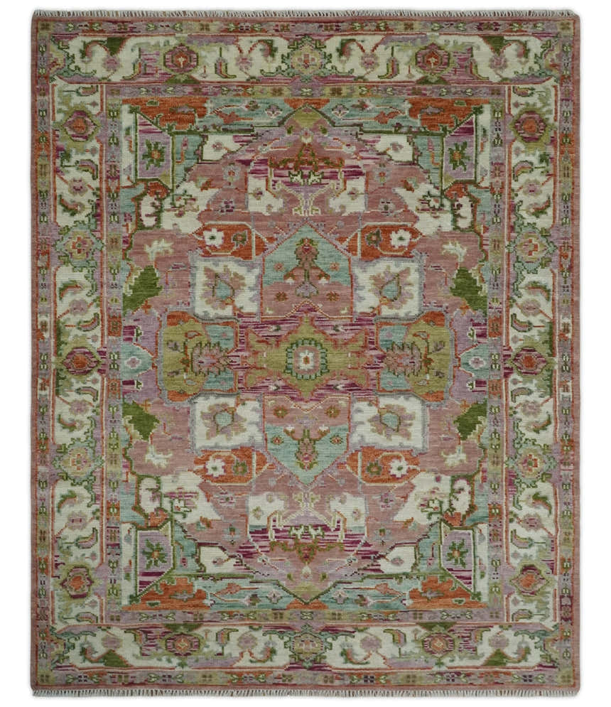 Custom Made Transitional Pink, Green and Ivory Turkish Design wool Area Rug