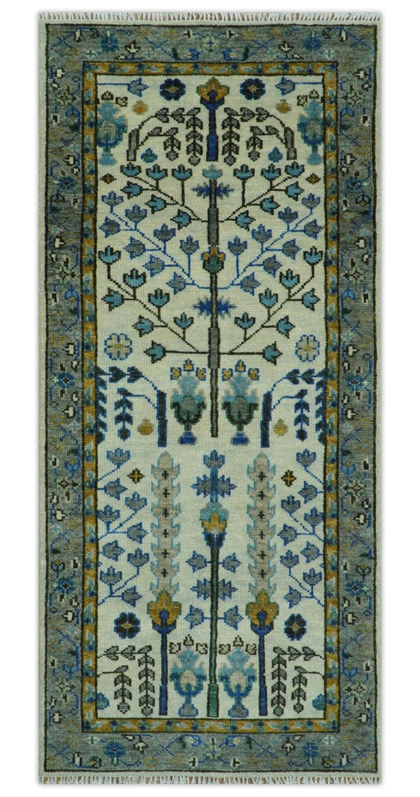 Custom Made Tree of life Hand Knotted Antique Ivory, Blue and Gray Traditional Oushak Wool area Rug