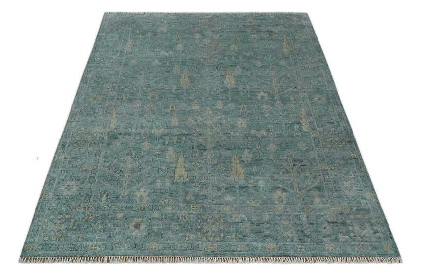 Custom Made Tree of Life Hand Knotted Teal and Beige Traditional Oushak Wool Area Rug