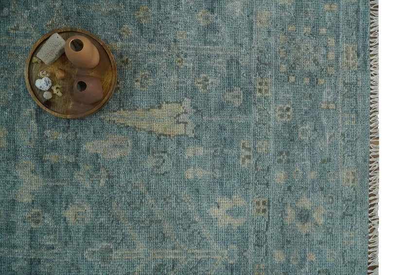 Custom Made Tree of Life Hand Knotted Teal and Beige Traditional Oushak Wool Area Rug