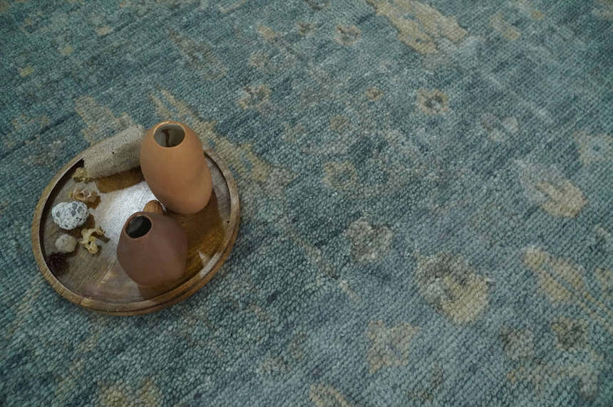 Custom Made Tree of Life Hand Knotted Teal and Beige Traditional Oushak Wool Area Rug