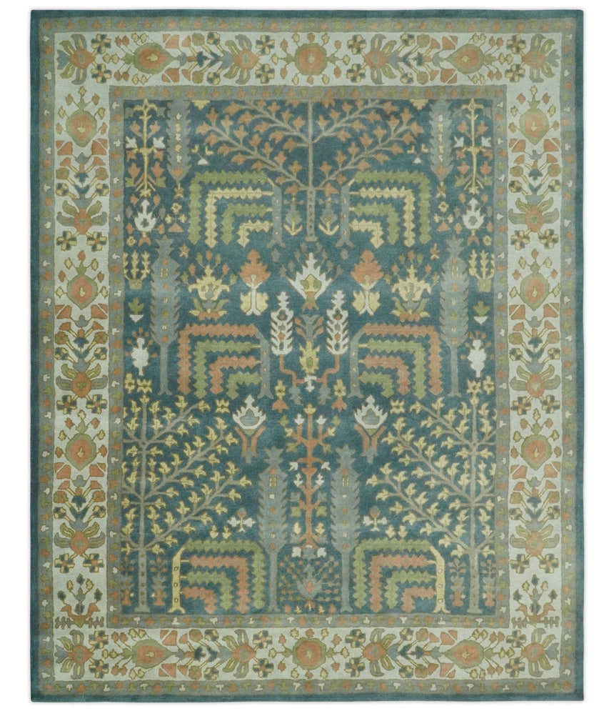 Custom Made Tree of life Traditional Teal, Silver, Green and Dark Peach wool Rug