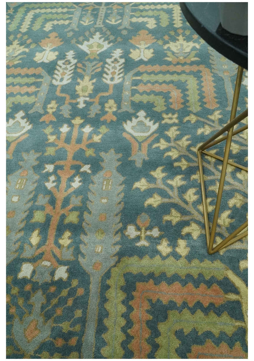 Custom Made Tree of life Traditional Teal, Silver, Green and Dark Peach wool Rug