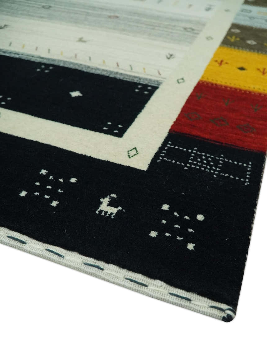 Custom Made Tribal Gabbeh Ivory, Black, Gold and Maroon Stripes design Traditional Wool Area Rug