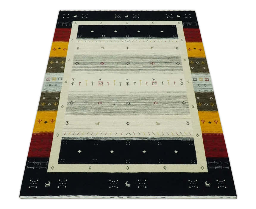Custom Made Tribal Gabbeh Ivory, Black, Gold and Maroon Stripes design Traditional Wool Area Rug