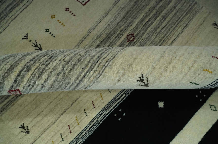 Custom Made Tribal Gabbeh Ivory, Black, Gold and Maroon Stripes design Traditional Wool Area Rug