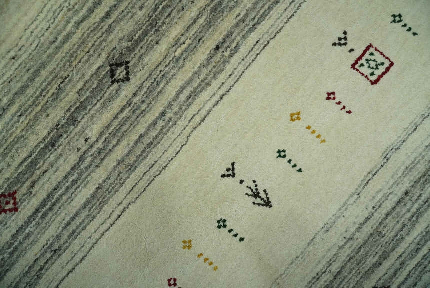 Custom Made Tribal Gabbeh Ivory, Black, Gold and Maroon Stripes design Traditional Wool Area Rug