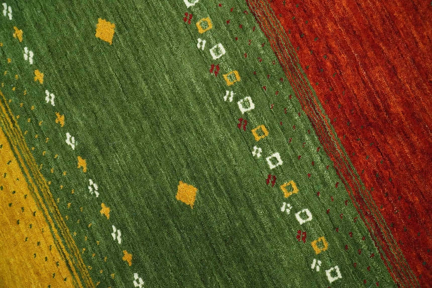 Custom Made Tribal Gabbeh Ivory, Gold, Green and Maroon Geometrical Stripes Design Wool area Rug