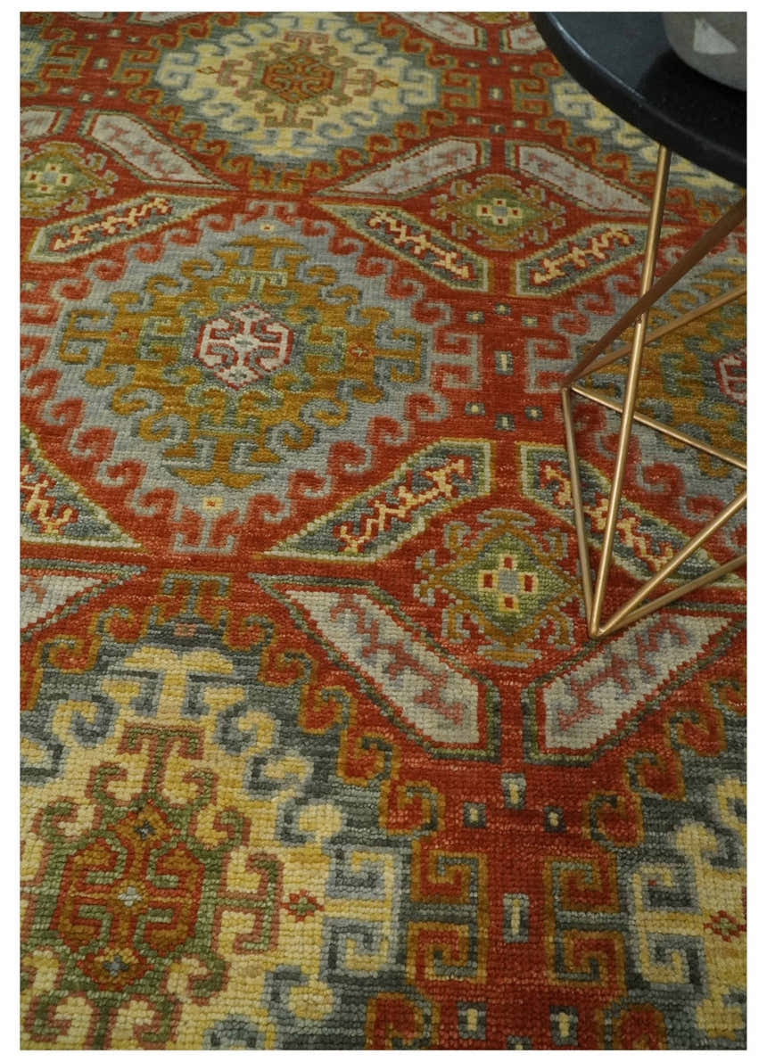 Custom Made Tribal Motifs Hand Knotted Rust, Gold and Blue Oriental Traditional Wool Area Rug