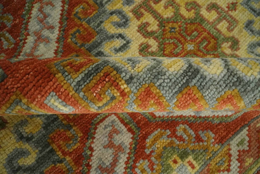 Custom Made Tribal Motifs Hand Knotted Rust, Gold and Blue Oriental Traditional Wool Area Rug