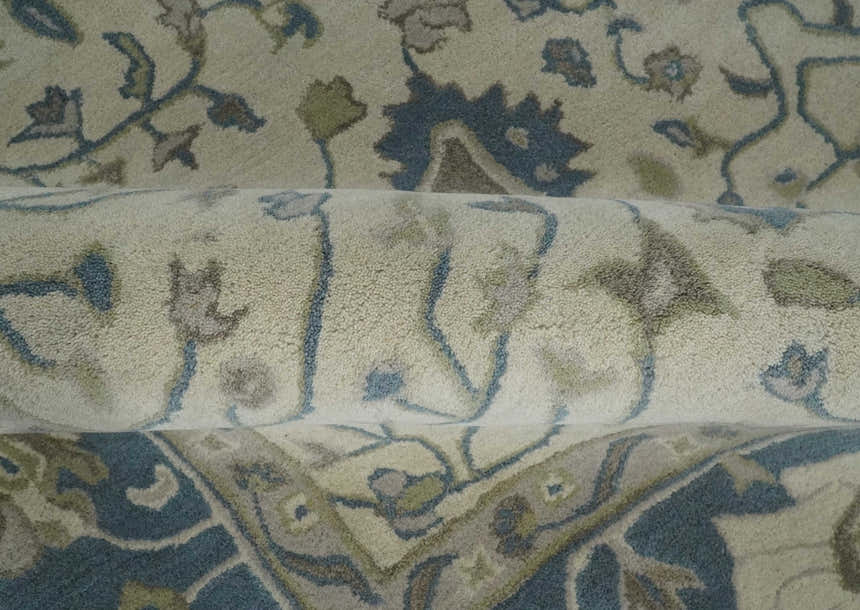 Custom Made Tufted Beige and Blue Traditional Wool Oushak Rug