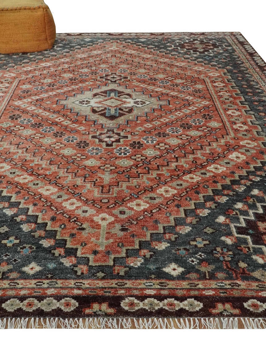 Custom Made Turkish Style Rust and Charcoal Traditional Medallion Hand knotted wool Area Rug