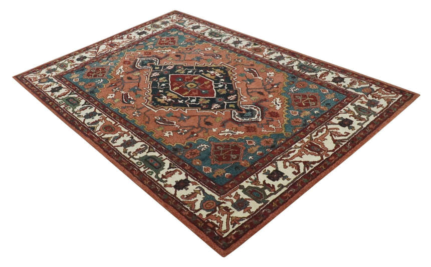 Custom Made Vintage Style Black, Rust, Teal and Ivory Hand Tufted Traditional wool Area Rug