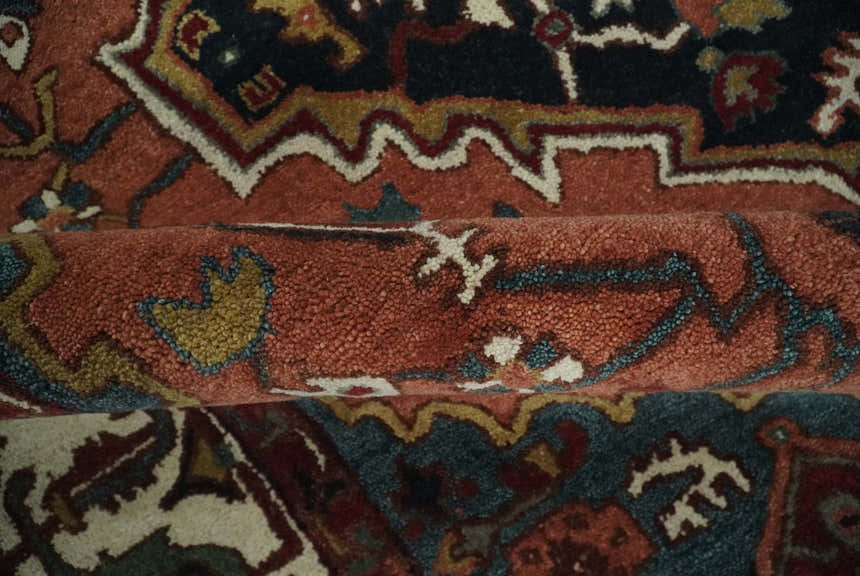 Custom Made Vintage Style Black, Rust, Teal and Ivory Hand Tufted Traditional wool Area Rug