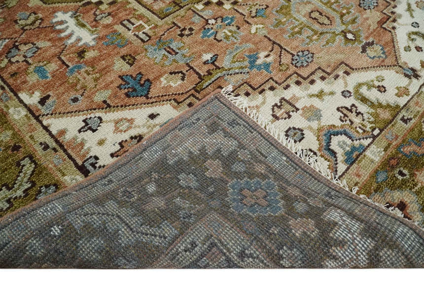 Custom Made Vintage Style Olive, Rust and Ivory Hand knotted Traditional wool Area Rug