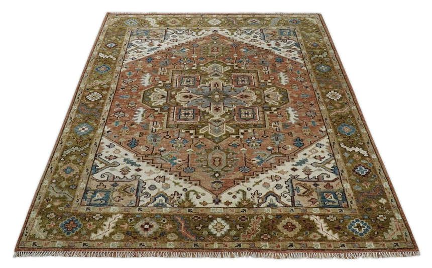 Custom Made Vintage Style Olive, Rust and Ivory Hand knotted Traditional wool Area Rug