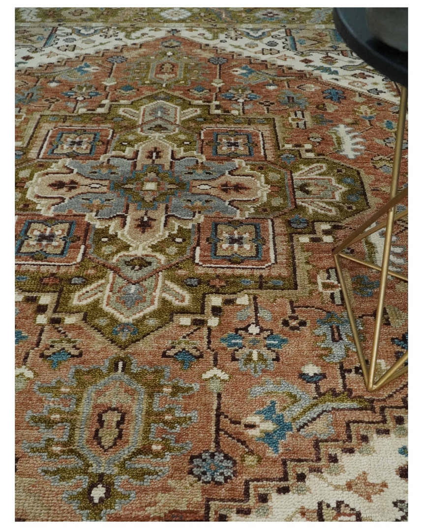Custom Made Vintage Style Olive, Rust and Ivory Hand knotted Traditional wool Area Rug