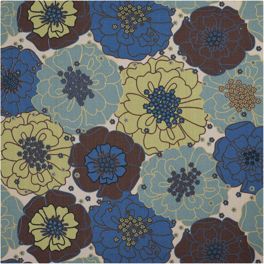 Close-up of the Nourison Home & Garden Light Blue rug. Contemporary floral pattern in shades of blue, brown, and green.