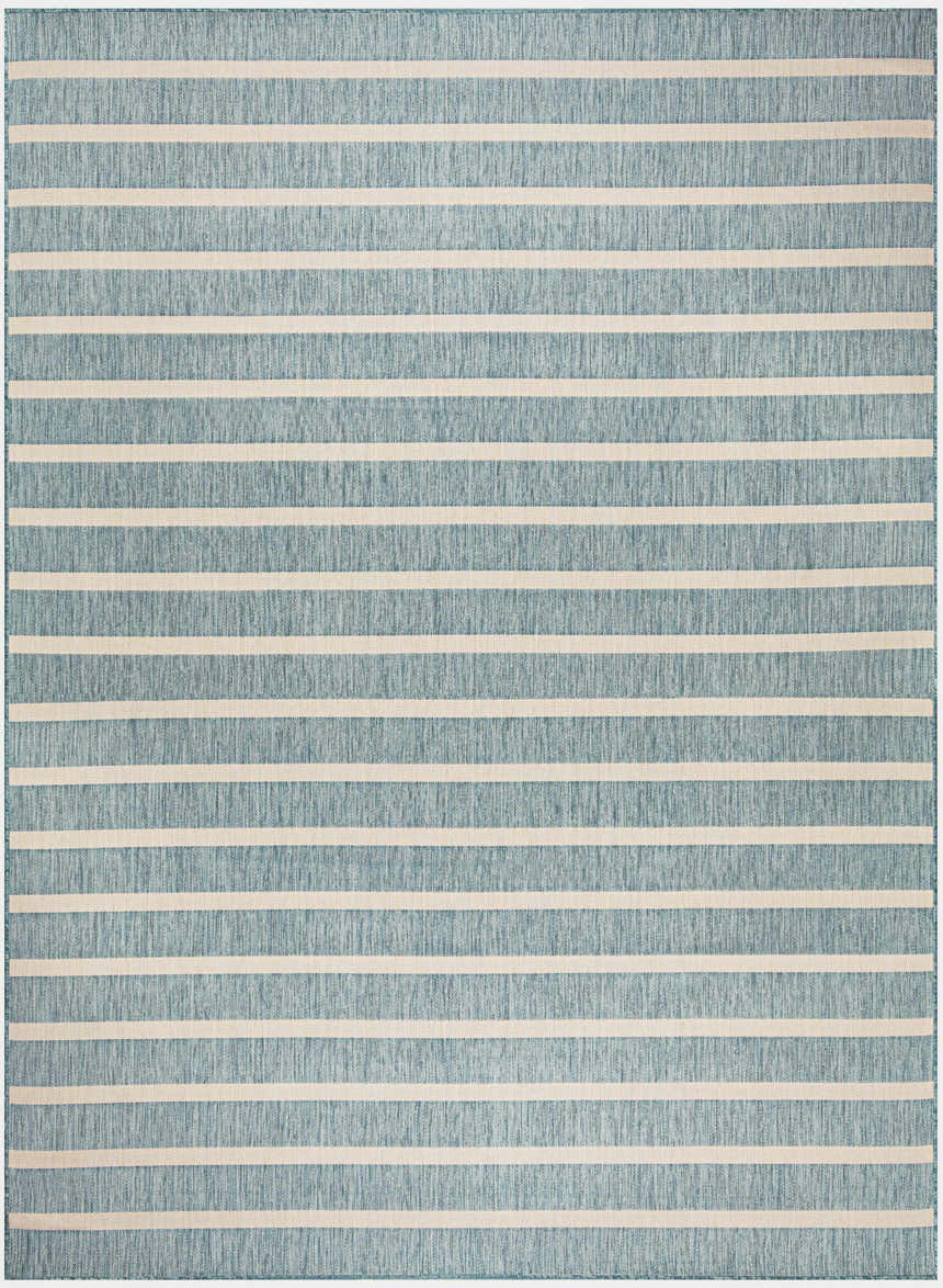 Close-up of Nourison Positano Aqua Ivory rug. Features a modern striped pattern in aqua blue and ivory.