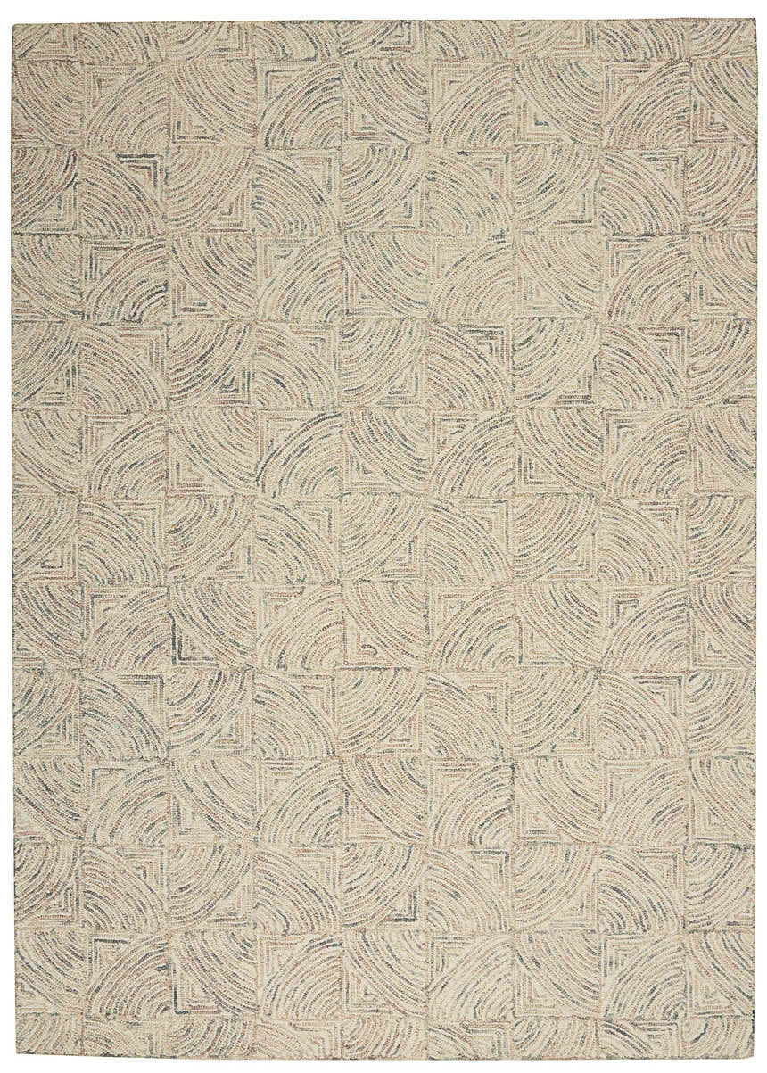 Close-up of the Nourison Interlock Ivory Multicolor rug showing the textured, geometric quarter-circle pattern.