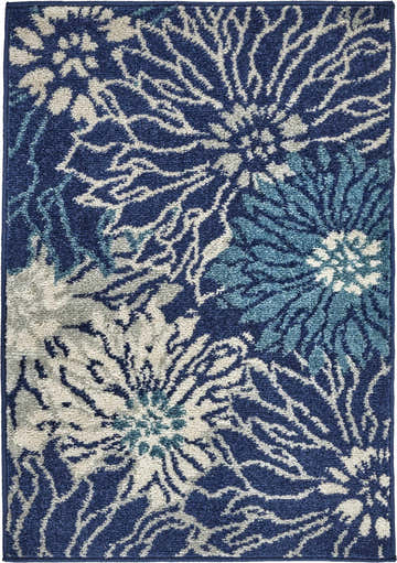 Close-up of Nourison Passion Navy Ivory rug featuring a contemporary floral pattern and soft texture.