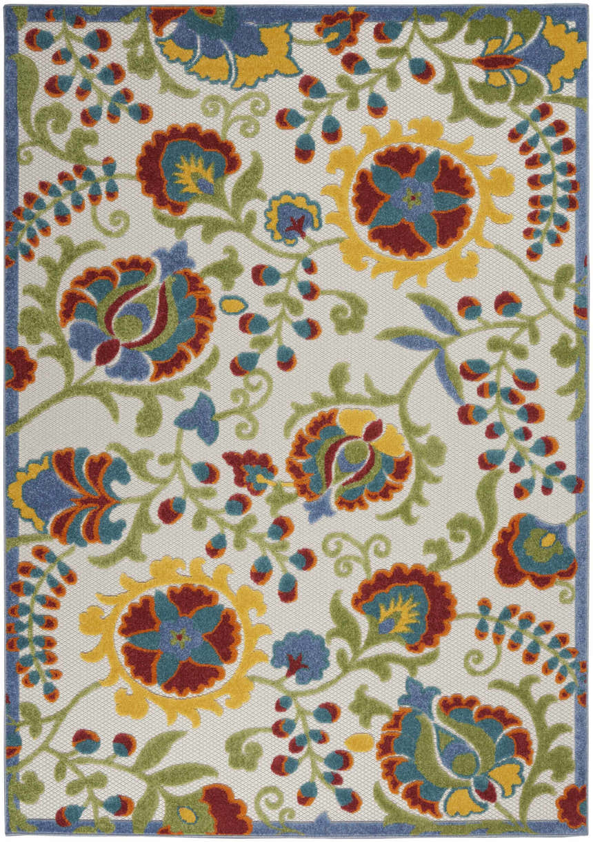 Close-up of the Nourison Aloha Ivory Multicolor Farmhouse Area Rug, featuring a floral pattern in blue, red, yellow, and green.