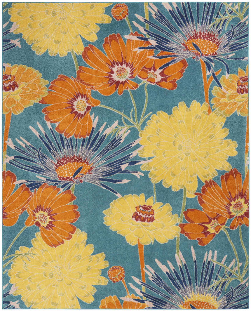 Close-up of Nourison Allur Turquoise Multicolor rug, featuring a bright floral pattern in yellow, orange, and navy on a turquoise background.