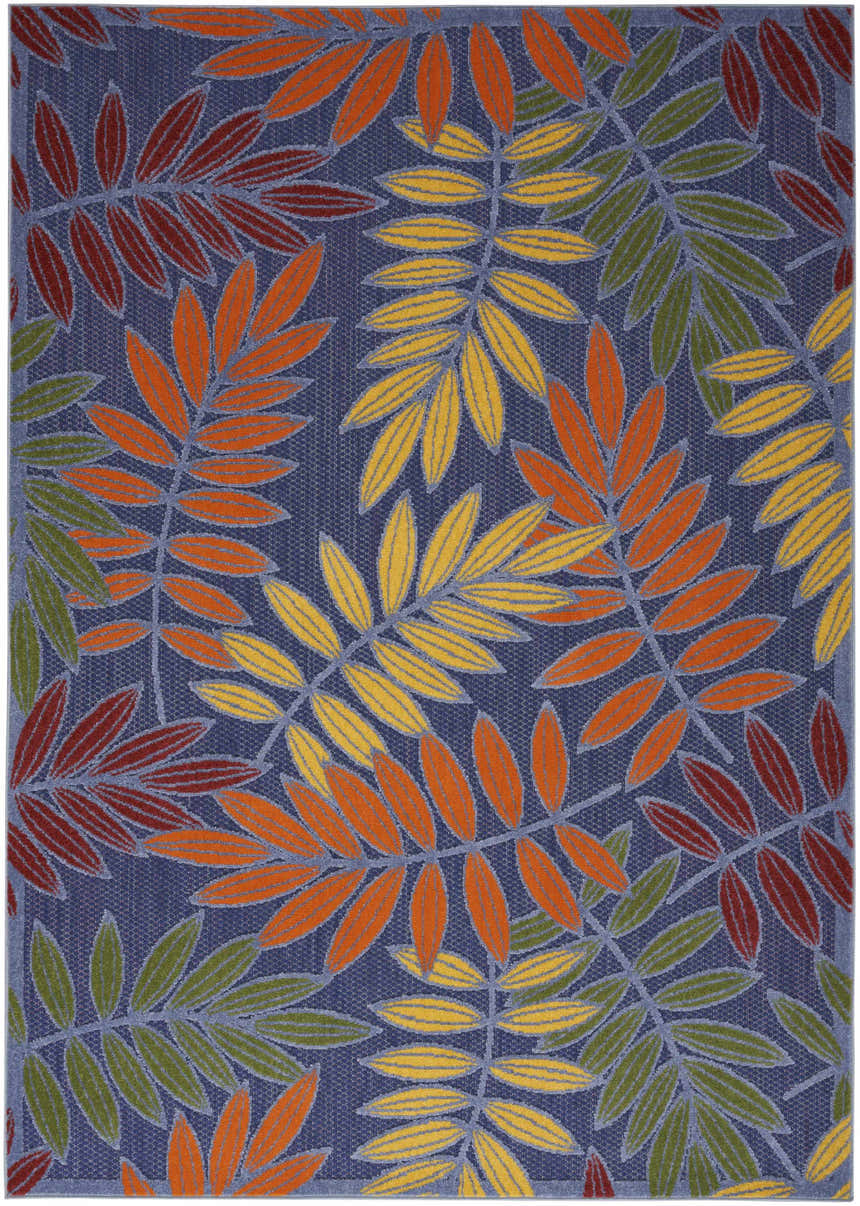 Close-up of Nourison Aloha Navy Multicolor rug, featuring a colorful leaf pattern in orange, yellow, red, and green.