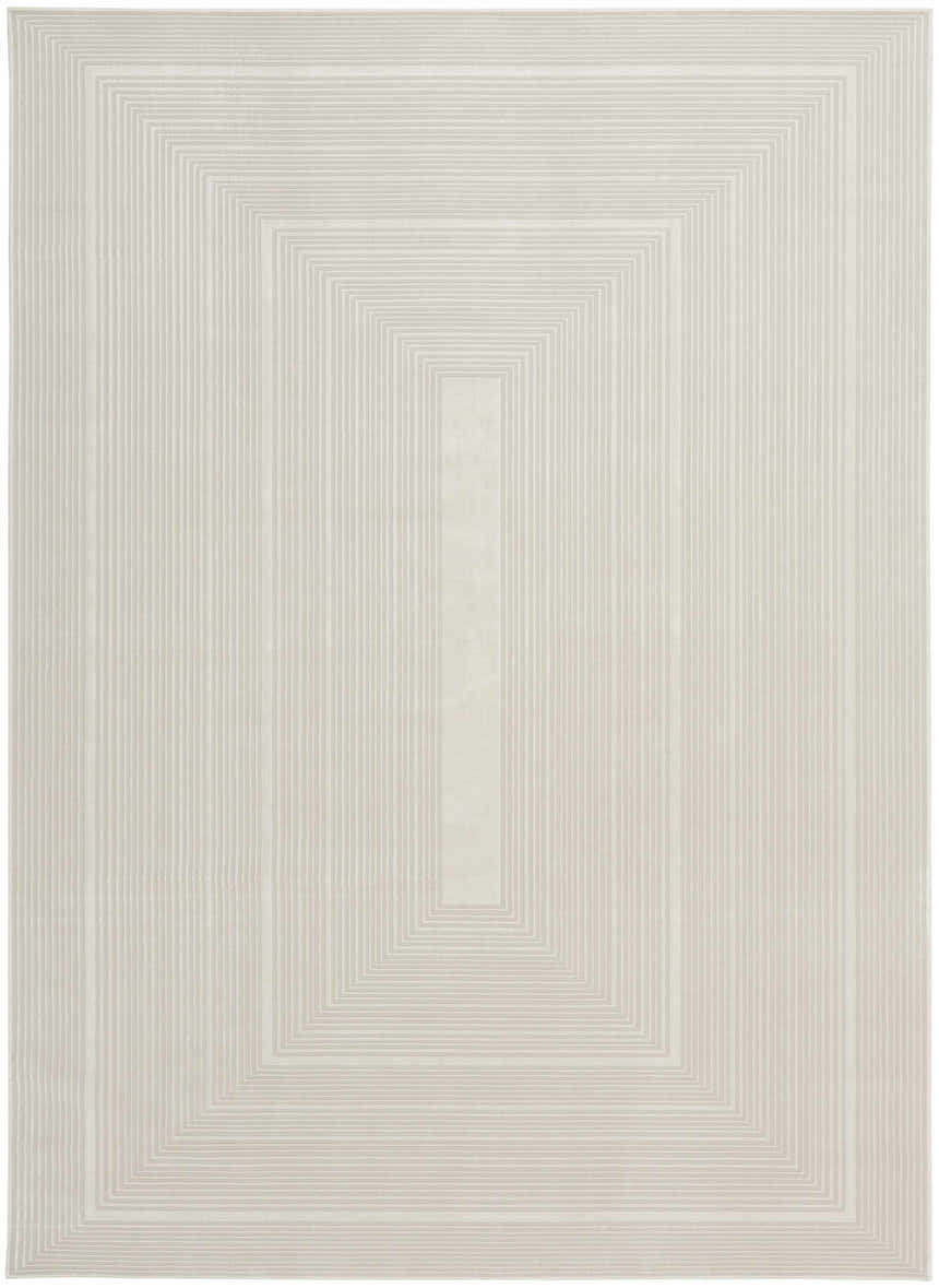 Close-up of Calvin Klein CK024 Irradiant Ivory rug. Modern design with nested rectangles and linear texture.