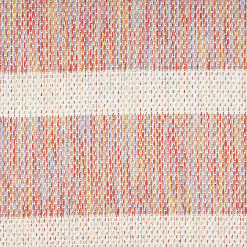 Close-up of Nourison Positano Rainbow Ivory rug. Woven texture with chestnut, ivory, blue, and gold yarns.