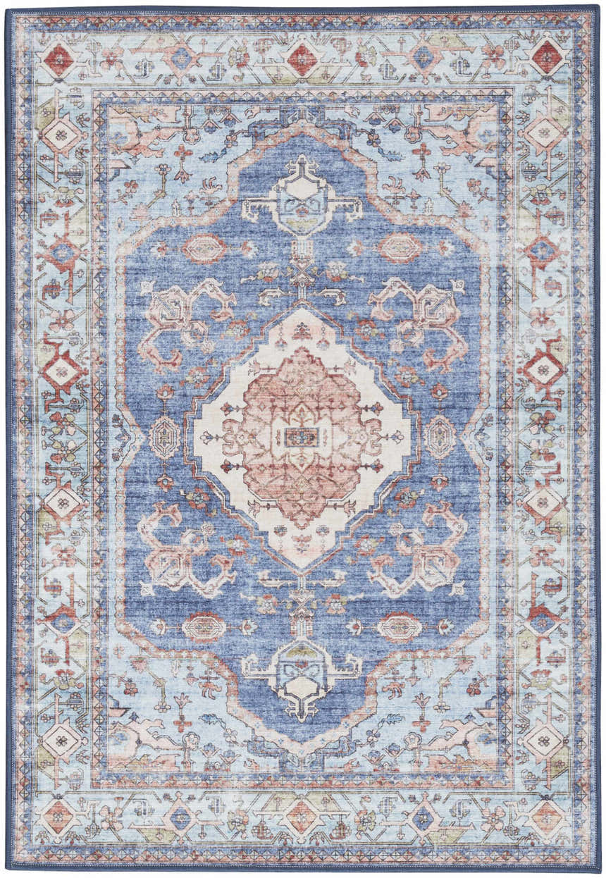 Nourison Fulton Blue Vintage Area Rug. Machine-made polyester rug with light blue, red, and peach vintage design.
